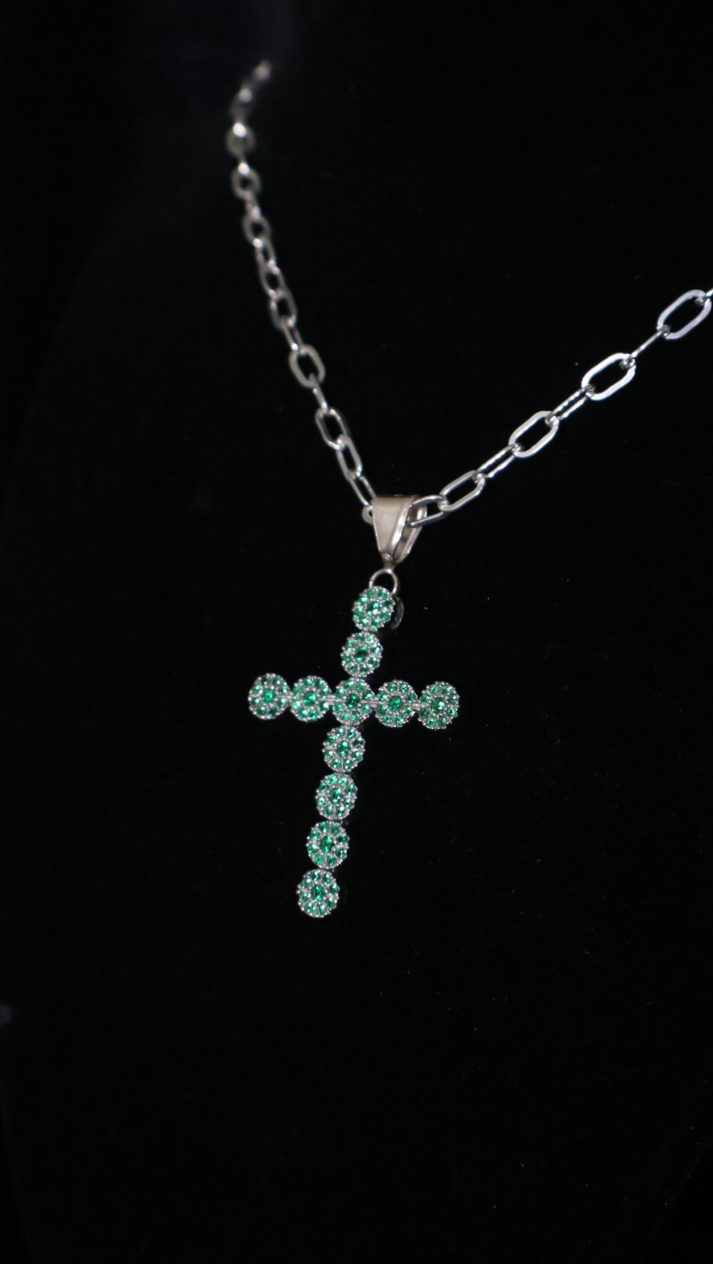 Emerald Zirconia Cross Pendant + Paperclip Chain