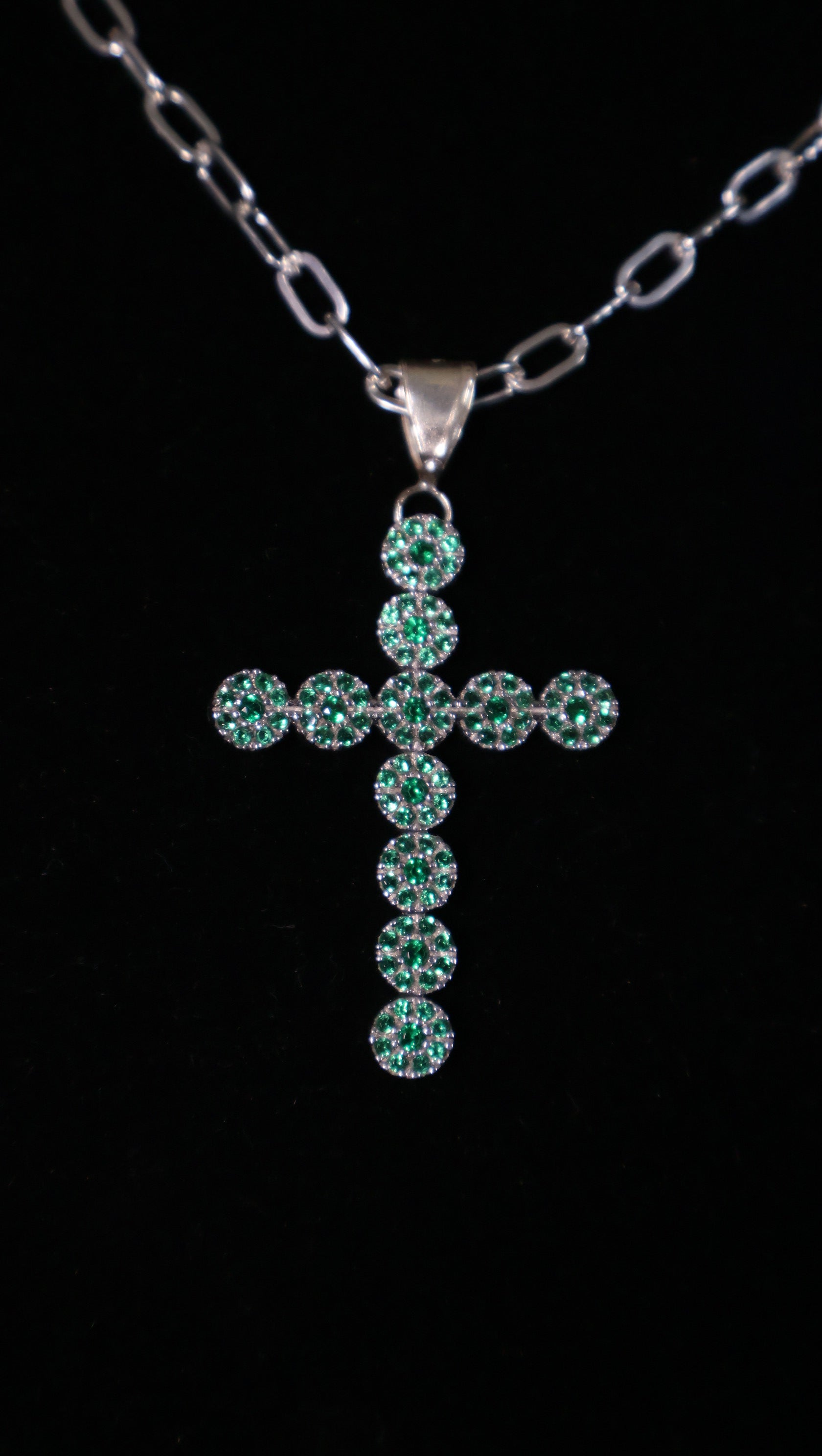 Emerald Zirconia Cross Pendant + Paperclip Chain