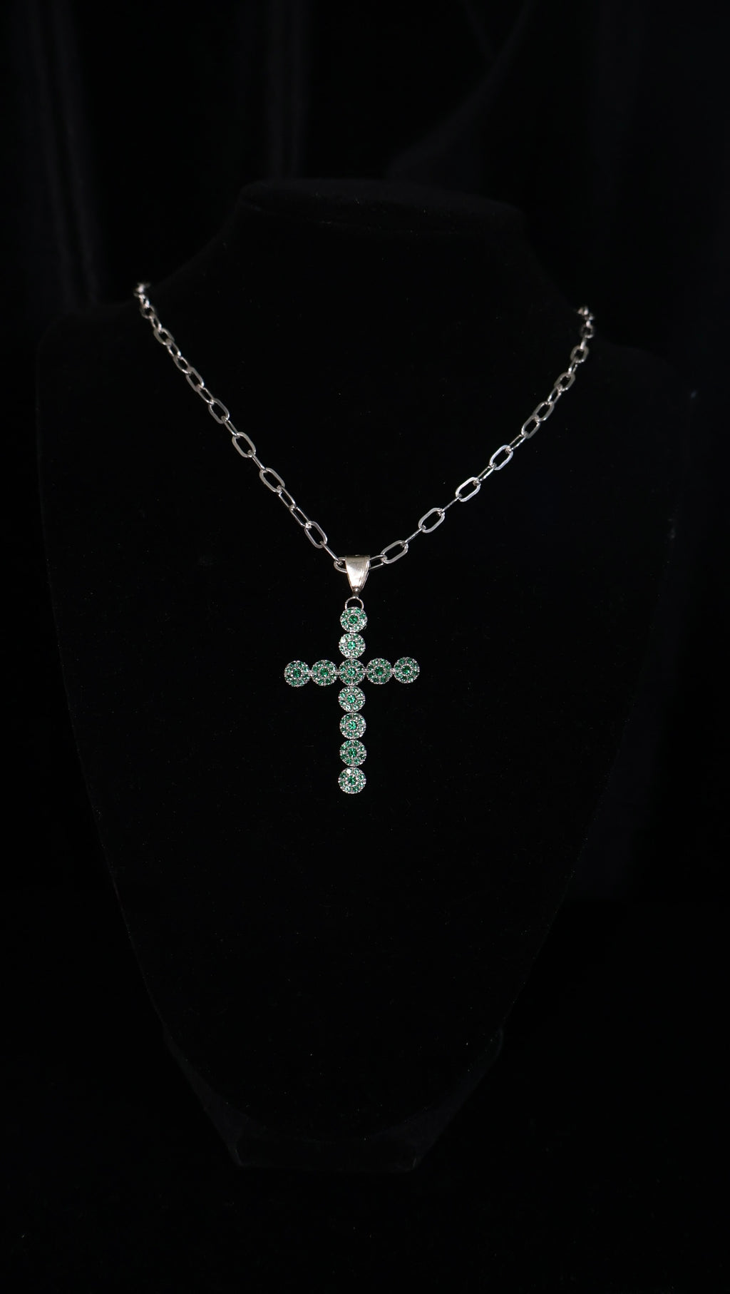 Emerald Zirconia Cross Pendant + Paperclip Chain