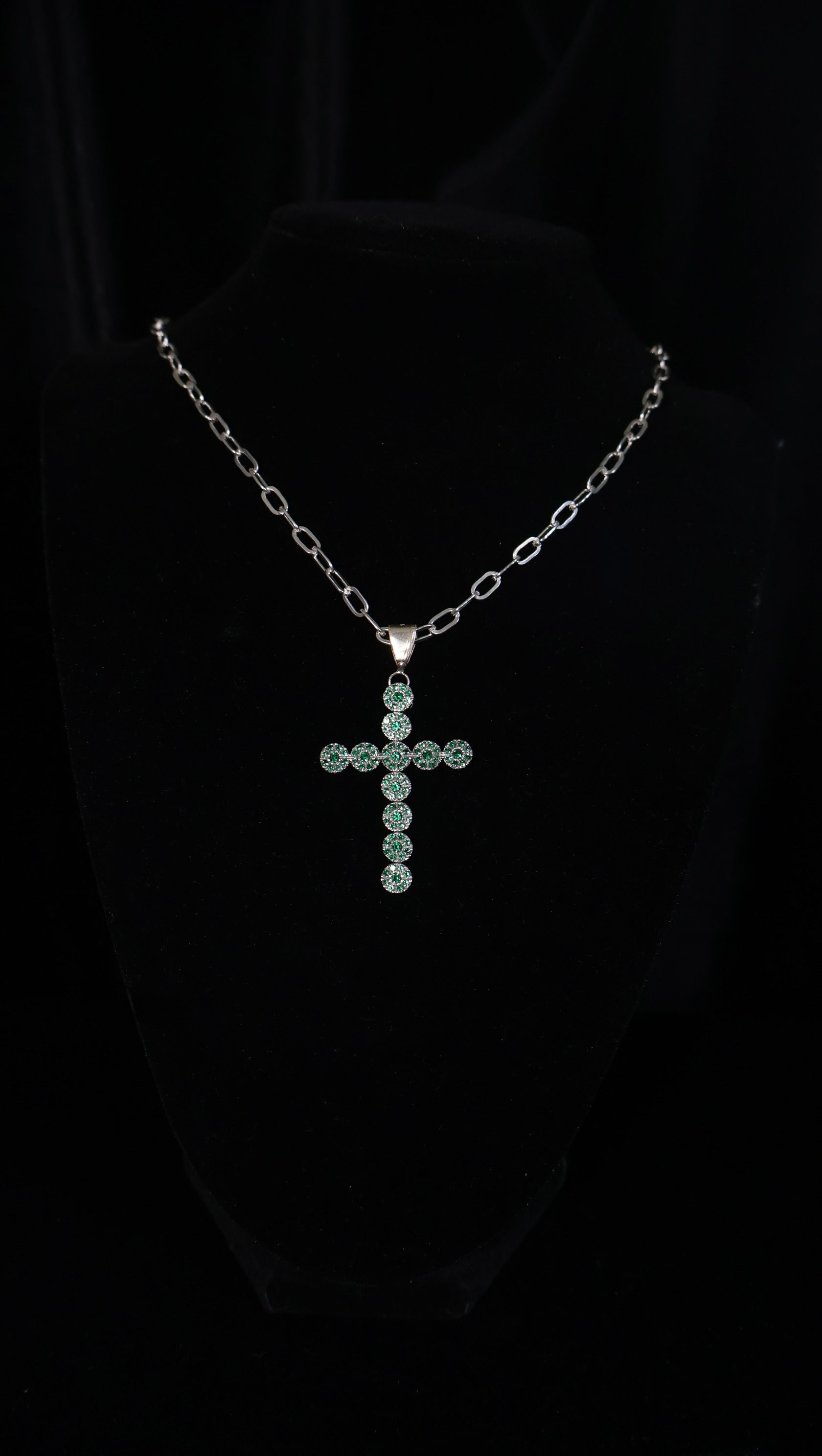 Emerald Zirconia Cross Pendant + Paperclip Chain